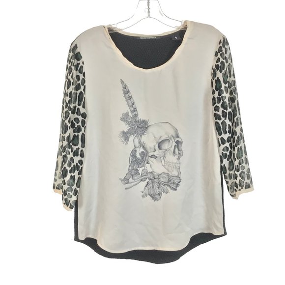 Maison Scotch Skull Feather Print Mixed Media Top - Picture 2 of 5